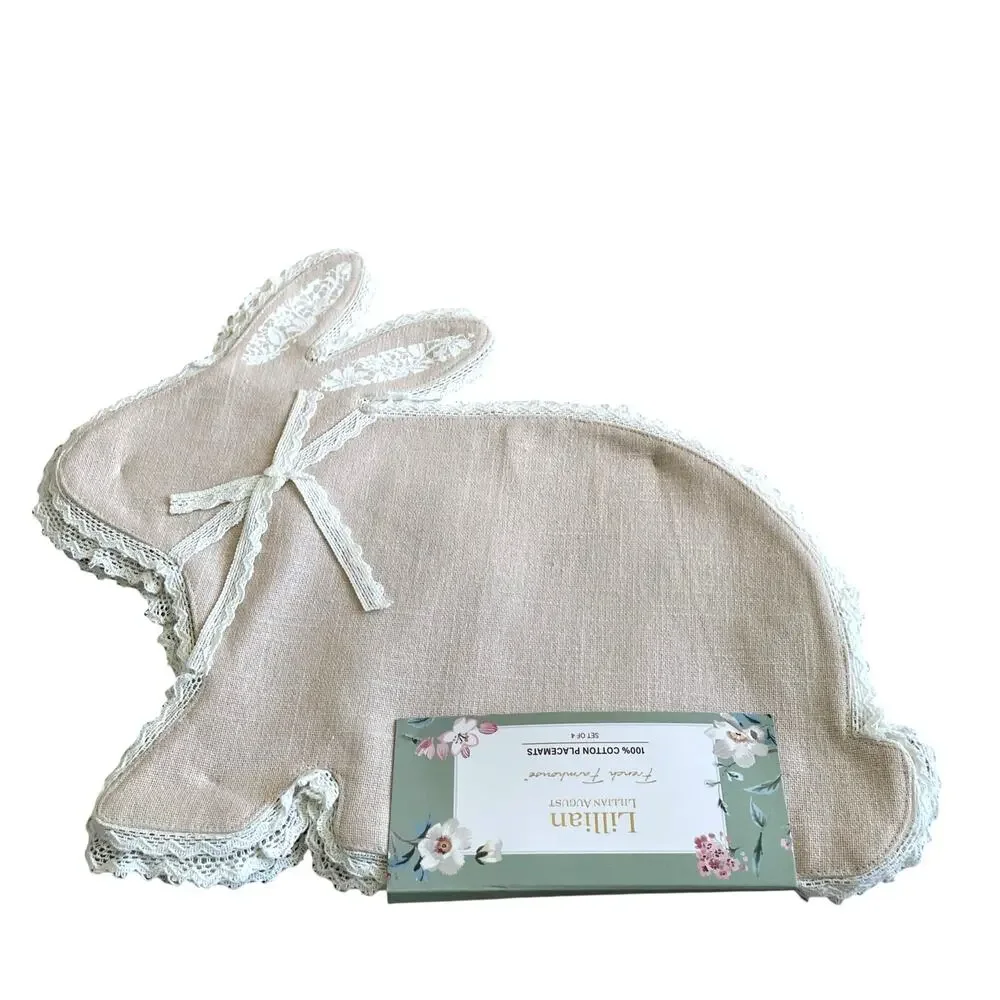 Lillian August Tan Bunny Shaped Placemats 17in Set of 4 Lace Accents NEW
